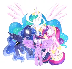 Size: 1807x1741 | Tagged: safe, artist:kaji-tanii, derpibooru import, princess cadance, princess celestia, princess luna, twilight sparkle, twilight sparkle (alicorn), alicorn, pony, alicorn tetrarchy, female, glowing eyes, mare, simple background, spread wings, transparent background