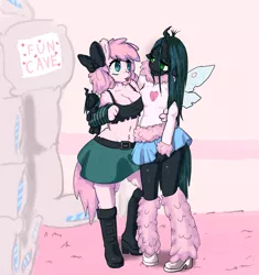 Size: 4695x5000 | Tagged: suggestive, artist:acharmingpony, derpibooru import, queen chrysalis, oc, oc:fluffle puff, anthro, absurd resolution, bedroom eyes, breasts, busty fluffle puff, busty queen chrysalis, canon x oc, chrysipuff, cleavage, clothes, costume, costume swap, equestria girls outfit, female, fun cave, lesbian, looking at each other, midriff, pillow, plushie, shipping, tongue out