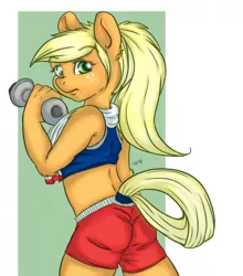 Size: 800x909 | Tagged: alternate hairstyle, anthro, applejack, artist:fen-fen, clothes, derpibooru import, gym, looking back, midriff, safe, solo, sports bra, sports shorts, towel, weight lifting, weights, workout