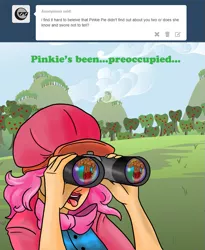 Size: 739x903 | Tagged: suggestive, derpibooru import, big macintosh, pinkie pie, human, abs, aroused, biceps, binoculars, blushing, bowtie, clothes, distracted by the sexy, female, hat, human applespike, humanapplespike, humanized, lust, male, muscles, pants, peeping, pinkiemac, shipping, straight, tongue out, topless