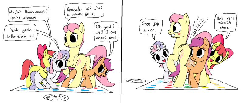 Size: 1664x702 | Tagged: dead source, suggestive, artist:mspaint, derpibooru import, apple bloom, fluttershy, scootaloo, sweetie belle, earth pony, pegasus, pony, unicorn, 2 panel comic, accidental stimulation, all the mares tease butterscotch, bad touch, blushing, butt, butterscotch, comic, cutie mark crusaders, erotic tickling, featureless crotch sex, female, fetish, filly, flapping, funny porn, gritted teeth, male, molestation, open mouth, plot, raised hoof, reverse foalcon, rule 63, sexual harassment, smiling, smirk, stallion, this will end in jail time, tickle fetish, tickle torture, tickling, twister, wide eyes, wingjob