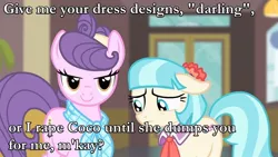 Size: 1280x720 | Tagged: semi-grimdark, suggestive, derpibooru import, edit, edited screencap, screencap, coco pommel, rarity, suri polomare, earth pony, pony, blackmail, caption, cocopolo, cuckolding, female, image macro, imminent rape, implied rape, implied rarity, lesbian, mare, marshmallow coco, meme, shipping, text edit