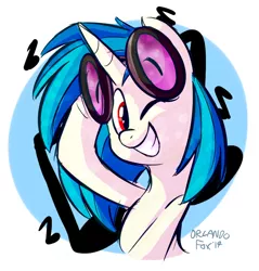 Size: 610x638 | Tagged: safe, artist:thedoggygal, derpibooru import, vinyl scratch, pony, unicorn, abstract background, bust, cute, female, mare, music notes, portrait, smiling, solo, vinylbetes, wink