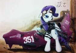 Size: 1600x1121 | Tagged: safe, artist:jet-ann, derpibooru import, rarity, pony, armor, bipedal, futuristic, goggles, gun, hoverbike, painting, rifle, science fiction, solo, wasteland