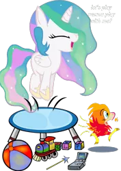 Size: 595x842 | Tagged: artist:paperlover, ball, blank flank, cute, cutelestia, derpibooru import, gameboy advance sp, philomena, princess celestia, safe, simple background, toy, train, trampoline, transparent background, wand, younger