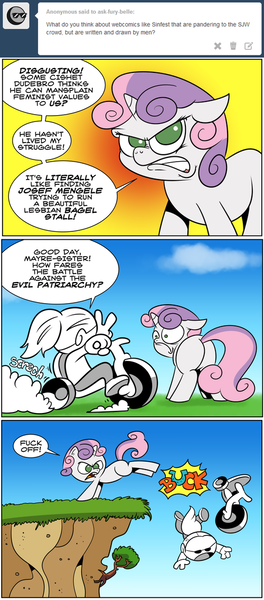 Size: 500x1136 | Tagged: artist:catfood-mcfly, bucking, cliff, comic, derpibooru import, fury belle, looking at you, plot, safe, sinfest, social justice warrior, sweetie belle, tricycle