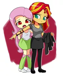 Size: 629x760 | Tagged: safe, artist:twilite-sparkleplz, derpibooru import, fluttershy, sunset shimmer, bat pony, vampire, equestria girls, chibi, clothes, consensual vampirism, cute, fangs, female, flutterbat, lesbian, shipping, shyabates, shyabetes, skirt, sunshyne, tanktop