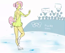 Size: 900x730 | Tagged: anthro, artist:meowbox3, back, derpibooru import, figure skating, fluttershy, heart, ice skating, olympics, safe, smiling, waving, winter olympics