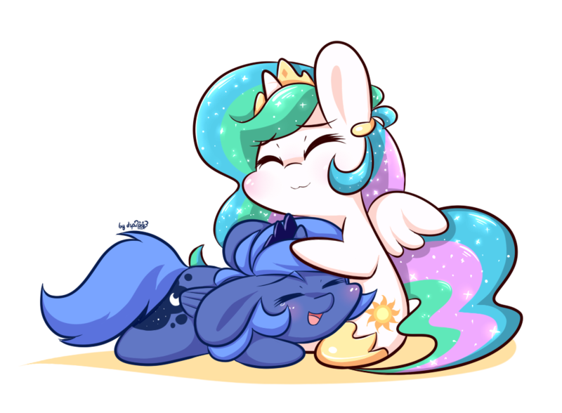 Size: 1024x753 | Tagged: safe, artist:dsp2003, derpibooru import, princess celestia, princess luna, pony, :3, bipedal, blushing, chibi, cute, cutelestia, daaaaaaaaaaaw, dsp2003 is trying to murder us, eyes closed, filly, floppy ears, happy, hnnng, hug, lunabetes, open mouth, prone, s1 luna, simple background, sitting, smiling, spread wings, style emulation, transparent background, woona