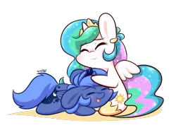 Size: 1024x753 | Tagged: safe, artist:dsp2003, derpibooru import, princess celestia, princess luna, pony, :3, bipedal, blushing, chibi, cute, cutelestia, daaaaaaaaaaaw, dsp2003 is trying to murder us, eyes closed, filly, floppy ears, happy, hnnng, hug, lunabetes, open mouth, prone, s1 luna, simple background, sitting, smiling, spread wings, style emulation, transparent background, woona