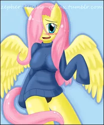 Size: 1260x1510 | Tagged: anthro, artist:zepher-tensho, breasts, busty fluttershy, clothes, derpibooru import, female, fluttershy, solo, solo female, suggestive, sweater, sweatershy