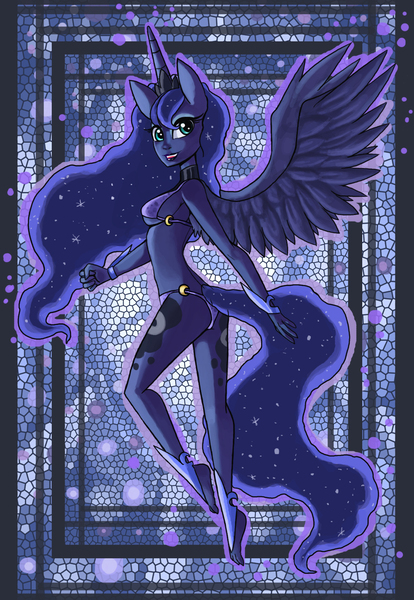 Size: 1200x1741 | Tagged: ambiguous facial structure, anthro, artist:raptor007, bikini, breasts, clothes, derpibooru import, feet, female, looking at you, plantigrade anthro, princess luna, solo, solo female, spread wings, suggestive, swimsuit