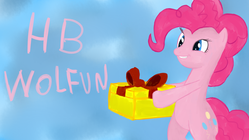 Size: 1920x1080 | Tagged: safe, artist:katsu, derpibooru import, pinkie pie, pony, bipedal, happy birthday, present, solo