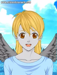 Size: 455x600 | Tagged: artist:rocketpokemaster, derpibooru import, derpy hooves, human, humanized, looking at you, safe, smiling, solo, spread wings, underp, winged humanization