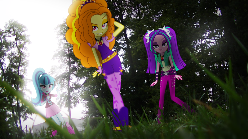 Size: 3840x2160 | Tagged: safe, artist:bastbrushie, artist:imperfectxiii, derpibooru import, adagio dazzle, aria blaze, sonata dusk, equestria girls, rainbow rocks, arm behind head, bedroom eyes, clothes, equestria girls in real life, female, field, forest, gem, grin, looking at you, photo, pose, shadow, siren gem, smiling, the dazzlings, tree, vector