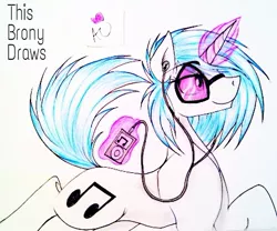 Size: 446x371 | Tagged: safe, artist:thisbronydraws, derpibooru import, vinyl scratch, pony, unicorn, cutie mark, earbuds, female, glowing horn, hooves, horn, ipod, levitation, magic, mare, mp3 player, music player, simple background, smiling, solo, sunglasses, telekinesis, text, white background