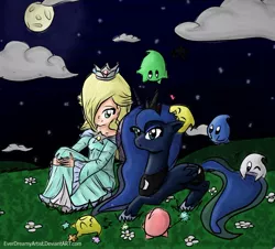 Size: 862x779 | Tagged: safe, artist:everdreamyartist, derpibooru import, princess luna, crossover, grass, luma, night, prone, rosalina, sitting, super mario bros., super mario galaxy