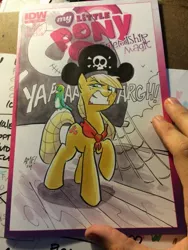 Size: 600x800 | Tagged: applejack, artist:tonyfleecs, bicorne, derpibooru import, hat, parrot, pirate, pirate ship, safe, solo, traditional art