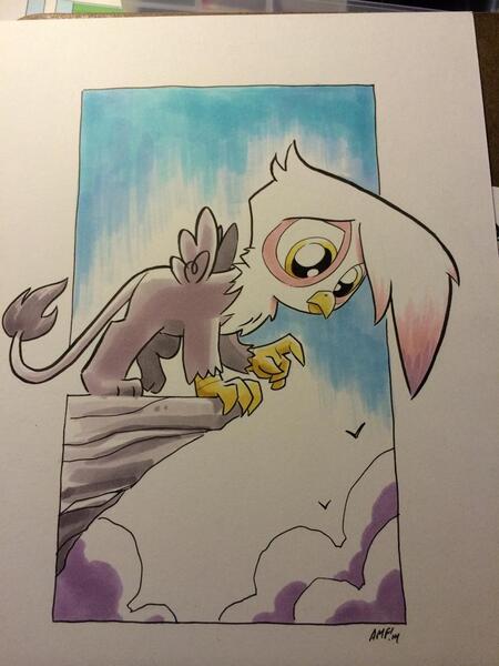 Size: 768x1024 | Tagged: safe, artist:tonyfleecs, derpibooru import, gilda, bird, gryphon, chickub, cliff, cloud, cute, female, image, jpeg, looking down, solo, spread wings, traditional art, unsure, wings, young gilda, younger