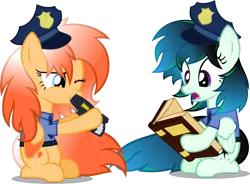 Size: 1966x1445 | Tagged: safe, artist:zacatron94, derpibooru import, pinkie pie, twilight sparkle, twilight sparkle (alicorn), pegasus, pony, aurora nightfall, book, disguise, flaming comet, hoof hold, no trigger discipline, open mouth, police, race swap, reading, sitting, smiling, taser, this will end in tears and/or death, wide eyes, wink