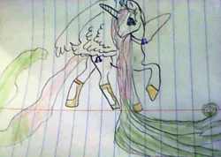 Size: 578x412 | Tagged: safe, artist:gracie_cleopatra, derpibooru import, oc, oc:princess flower note, unofficial characters only, alicorn, pony, alicorn oc, crown, cute, lined paper, music notes, other dimension, princess, sandals, solo, traditional art