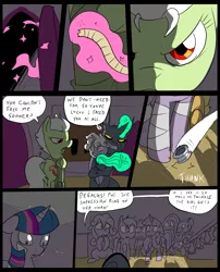 Size: 827x1025 | Tagged: semi-grimdark, artist:metal-kitty, derpibooru import, applejack, rainbow dash, twilight sparkle, oc, chameleon, changeling, golem, pegasus, pony, unicorn, comic:mlp project, bed, comic, dagger, female, filly, mare, rope