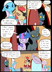 Size: 696x965 | Tagged: safe, artist:metal-kitty, derpibooru import, aloe, lotus blossom, twilight sparkle, oc, oc:buckshot (mlp project), oc:leon (mlp project), changeling, earth pony, golem, original species, pony, unicorn, comic:mlp project, comic, female, mare, mouth hold, starfury, unicorn twilight