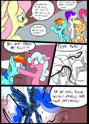 Size: 696x965 | Tagged: applejack, artist:metal-kitty, comic, comic:mlp project, derpibooru import, fluttershy, grimdark, nightmare moon armor, oc, oc:lockette, pinkie pie, princess luna, rainbow dash, rarity