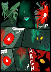 Size: 696x965 | Tagged: grimdark, artist:metal-kitty, derpibooru import, oc, oc:bullseye (mlp project), oc:leon (mlp project), oc:red harvest, unofficial characters only, changeling, pegasus, pony, unicorn, comic:mlp project, blood, comic, death, stabbed