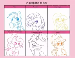 Size: 716x552 | Tagged: 6 pony meme, applejack, artist:anonymous, blushing, derpibooru import, edit, exploitable meme, fluttershy, grammar error, implied anal, implied futashy, implied sex, implied transgender, male, me gusta, meme, pinkie pie, prepare your anus, princess celestia, princess molestia, rainbow dash, rapeface, rarity, suggestive, text edit, that pony sure does love apples, transgender, trap, wink, you. me. x. now.