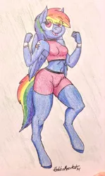 Size: 1141x1920 | Tagged: safe, artist:hobbsmeerkat, derpibooru import, rainbow dash, anthro, unguligrade anthro, armpits, solo, traditional art