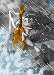 Size: 850x1182 | Tagged: safe, artist:chocolatechilla, derpibooru import, octavia melody, earth pony, pony, bipedal, cello, epic, lightning, musical instrument, rain, solo, storm