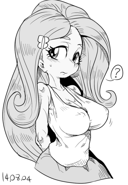 Size: 699x1006 | Tagged: suggestive, artist:nekubi, derpibooru import, fluttershy, equestria girls, breasts, busty fluttershy, erect nipples, female, grayscale, monochrome, nipple outline, simple background, solo, tight clothing