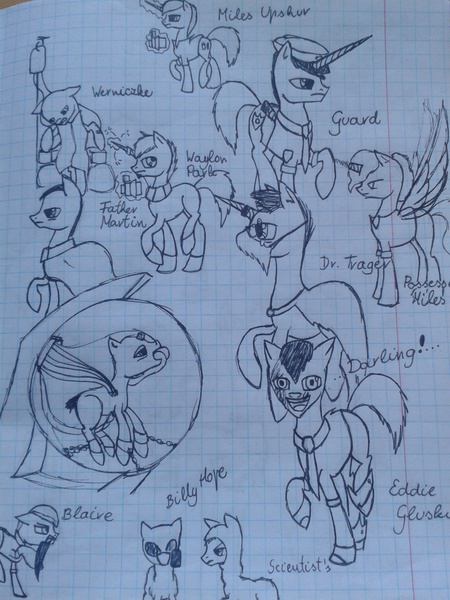 Size: 1536x2048 | Tagged: artist:petunedrop, derpibooru import, graph paper, monochrome, outlast, ponified, semi-grimdark, traditional art