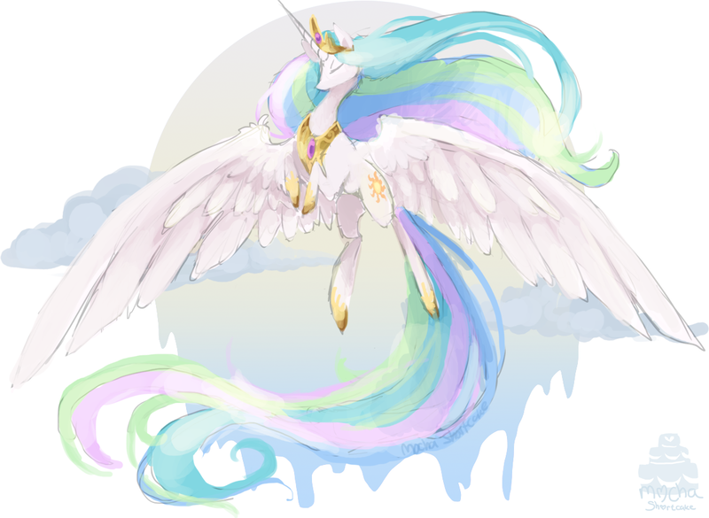 Size: 1200x878 | Tagged: artist:mocha-shortcake, derpibooru import, eyes closed, large wings, majestic, princess celestia, safe, solo, spread wings