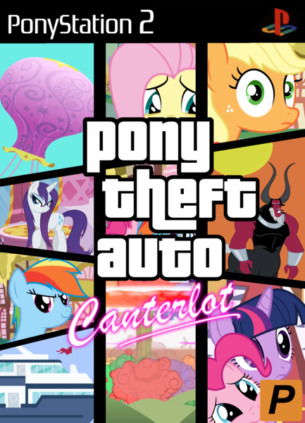 Size: 1534x2125 | Tagged: applejack, artist:xexyz128, atomic rainboom, derpibooru import, fluttershy, game cover, grand theft auto, lord tirek, mane six, parody, pinkie pie, playstation 2, rainbow dash, rarity, safe, twilight sparkle