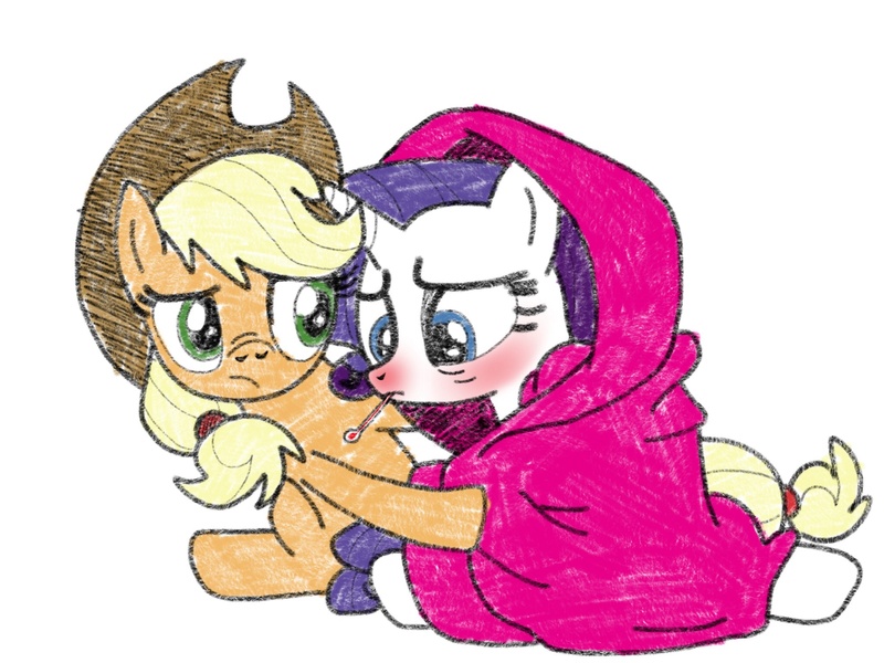 Size: 2048x1536 | Tagged: safe, artist:rare-rarity-fan, derpibooru import, applejack, rarity, blanket, female, flu, friendship, lesbian, rarijack, red nosed, shipping, sick, thermometer