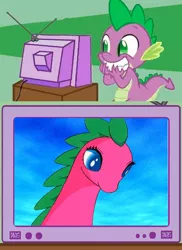 Size: 520x716 | Tagged: anime, biniki, cute, derpibooru import, dragon, exploitable meme, meme, obligatory pony, safe, serendipity the pink dragon, spike, tv meme