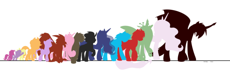 Size: 1600x495 | Tagged: safe, artist:faith-wolff, derpibooru import, apple bloom, applejack, king sombra, princess cadance, princess celestia, princess luna, scootaloo, sweetie belle, twilight sparkle, twilight sparkle (alicorn), alicorn, changeling, changeling queen, earth pony, kaiju pony, pegasus, pony, unicorn, fanfic, fanfic:the bridge, anguirus, bridge, crossover, cutie mark crusaders, destoroyah, destoroyah (female), ethereal mane, fanart, female, filly, foal, godzilla, godzilla (series), height, kaiju changeling, kaiju griffon, male, mare, mothra, mothra lea, rodan, simple background, size chart, spacegodzilla, spread wings, stallion, transparent background, wings, xenilla