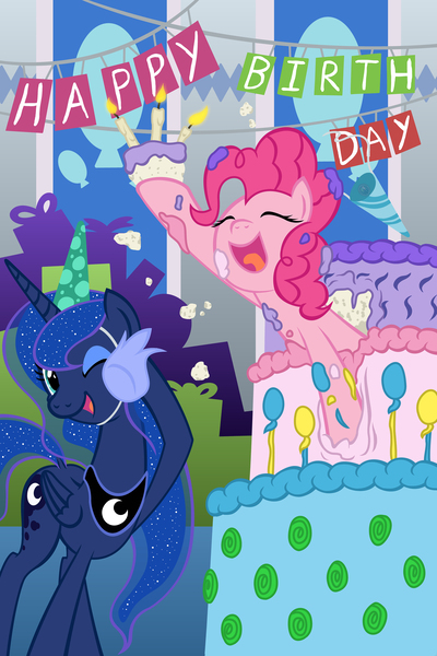 Size: 3000x4500 | Tagged: safe, artist:template93, derpibooru import, pinkie pie, princess luna, birthday, birthday cake, cake, candle, commission, cute, fire, hat, party hat, pop out cake, present