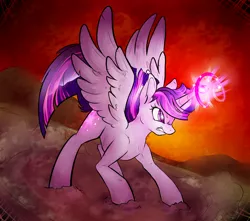 Size: 1700x1500 | Tagged: safe, artist:nessacity, derpibooru import, twilight sparkle, twilight sparkle (alicorn), alicorn, pony, twilight's kingdom, angry, female, fluffy, glare, gritted teeth, magic, mare, nose wrinkle, solo, spread wings, wingding eyes