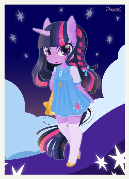 Size: 3759x5221 | Tagged: anthro, artist:catseyeart, blushing, bow, braid, clothes, cute, cutie mark, derpibooru import, dress, hair bow, looking at you, pixiv, safe, socks, solo, stars, twiabetes, twilight sparkle