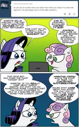 Size: 1024x1639 | Tagged: angry, artist:catfood-mcfly, ask, comic, computer, derpibooru import, fury belle, jontron, laptop computer, rarity, safe, sisters, social justice warrior, speech bubble, sweetie belle, tumblr, worried