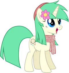 Size: 5857x6137 | Tagged: safe, artist:diamondsword11, derpibooru import, oc, oc:minty, unofficial characters only, pony, unicorn, absurd resolution, clothes, female, flower, flower in hair, happy, hat, open mouth, scarf, simple background, smiling, solo, transparent background, vector