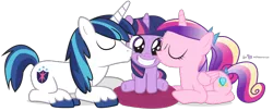 Size: 880x360 | Tagged: artist:dm29, cute, derpibooru import, eyes closed, filly, grin, happy, julian yeo is trying to murder us, kissing, kiss on the cheek, kiss sandwich, pillow, princess cadance, prone, safe, shining armor, simple background, sitting, smiling, squee, transparent background, trio, twiabetes, twilight sparkle, younger