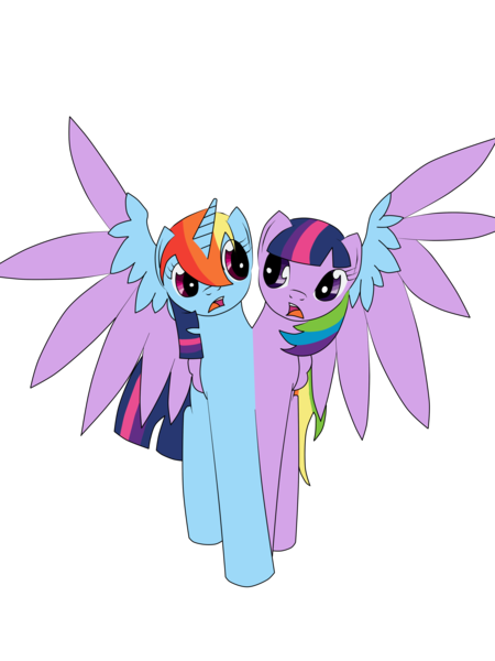 Size: 2448x3264 | Tagged: safe, artist:roxy-cream, derpibooru import, rainbow dash, twilight sparkle, twilight sparkle (alicorn), alicorn, pony, blue and purple wings, conjoined, ettin, ettin pony, female, fused, fusion, half alicorn half pegasus, lesbian, lol, monster, multiple heads, open mouth, race swap, rainbowcorn, shipping, shocked, strange, together forever, twidash, two heads, wat, we have become one, weird, what has science done, wide eyes, wtf