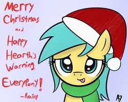 Size: 1280x1024 | Tagged: safe, artist:datahmedz, derpibooru import, sunshower raindrops, pony, raindropsanswers, ask, christmas, clothes, cute, hat, holiday, santa hat, scarf, solo, tongue out, tumblr