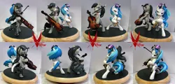 Size: 3321x1600 | Tagged: safe, artist:viistar, derpibooru import, octavia melody, vinyl scratch, pony, action pose, bedroom eyes, bipedal, cello, hoof hold, mouth hold, musical instrument, saxophone, sculpture, smiling, smirk