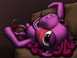 Size: 1934x1466 | Tagged: alcohol, artist:exedrus, bedroom eyes, berry punch, berryshine, blushing, couch, derpibooru import, glass, hoof hold, looking at you, nightmare fuel, on back, open mouth, safe, smiling, solo, tipsy, wine, wine glass