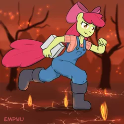 Size: 1000x1000 | Tagged: anthro, apple bloom, artist:empyu, derpibooru import, fireproof boots, fire swamp, overalls, pie, safe, solo